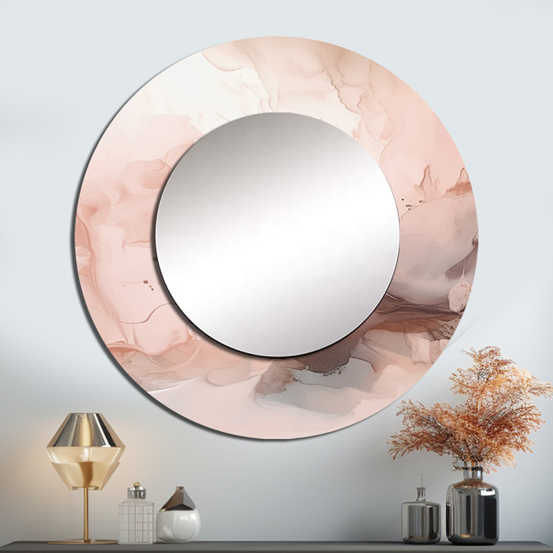 Prevesk Pink Delicate Abstract Marble I - Marble Mirror, Modern Round Unique Wall Mirror, Printed Metal Art, 29" x 29"