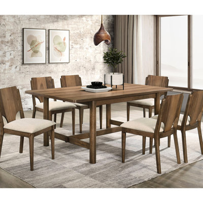 7 Rectangular Walnut Dining Table , Mid-century Modern Look, Trestle Base, Beige Fabric Upholstered Chairs Design, Table, Seats