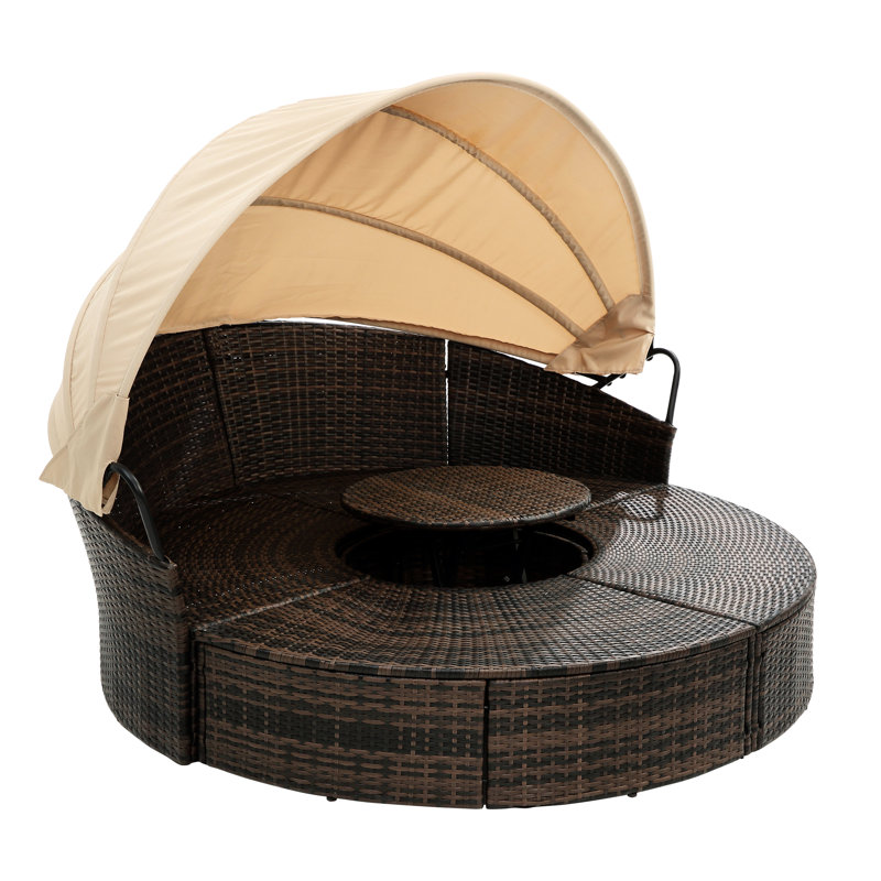 Lit de jour pour patio toutes saisons avec auvent: lit rond et coussins à cadre noir