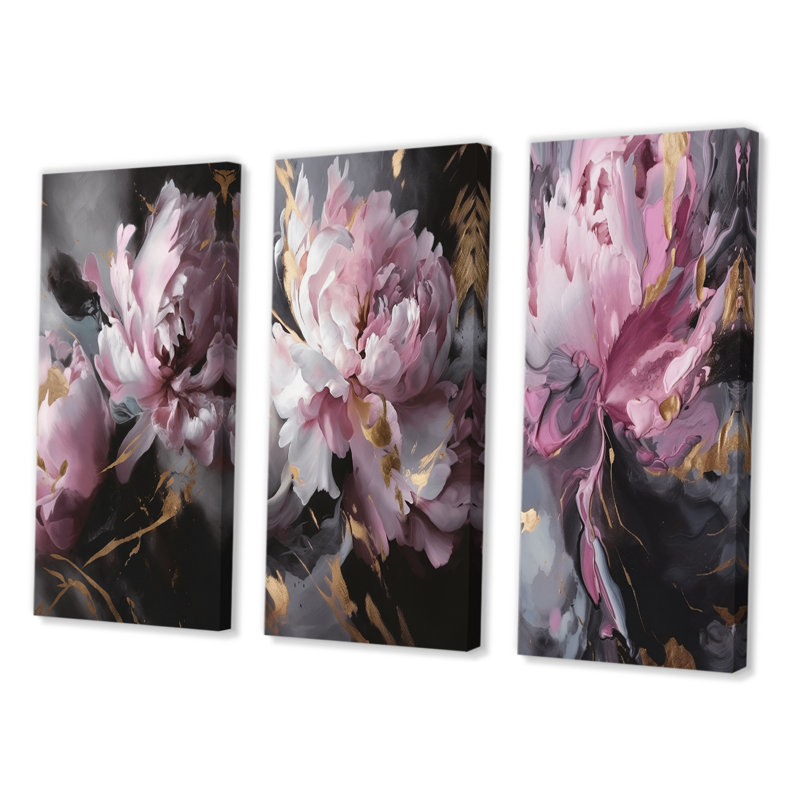 «Harmonious Pink Grey Peony Flower», 3 pièces, Toile tendue, H 40 po x l 60 po