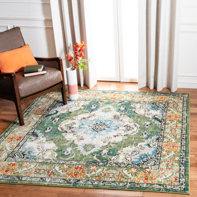 Tapis oriental vert forêt et bleu clair Almyra