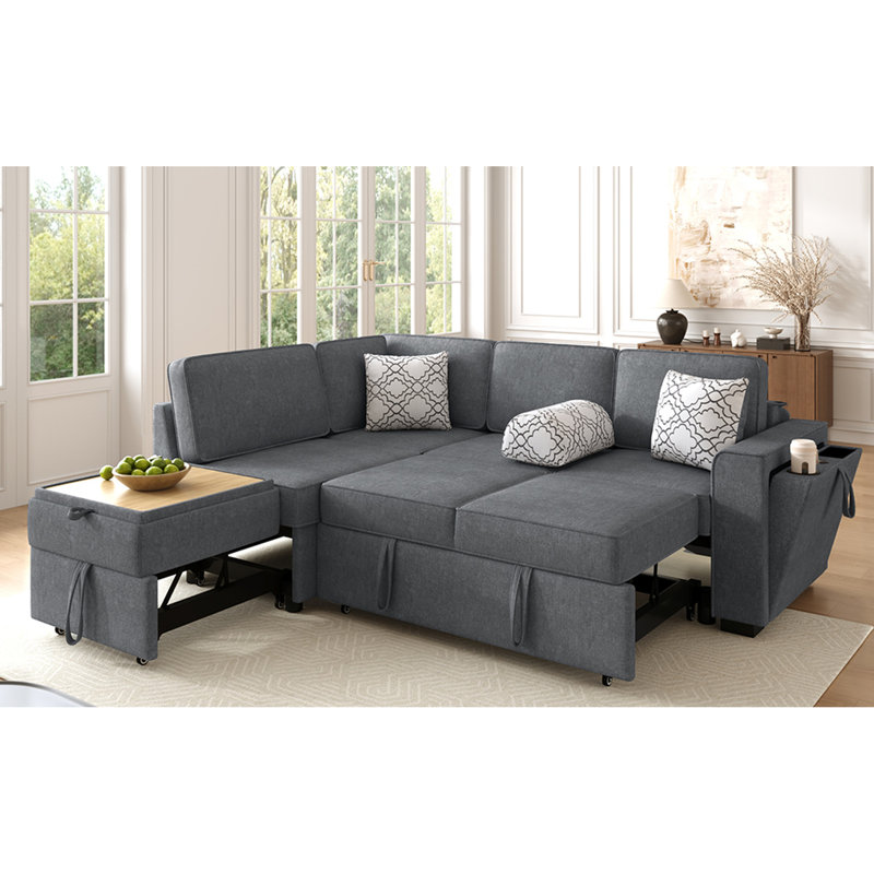 Lit multifonctionnel en forme de L 83,9 po avec deux, table rabattable, rangement pour accoudoirs et coussins décoratifs carrés douillets convertibles gris foncé, table Smart