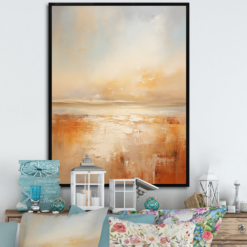 «Beige Sandy Clouds Horizon II - salon d'art mural nuages, Cadre flottant noir, H 32 po x l 16 po x P 1 po