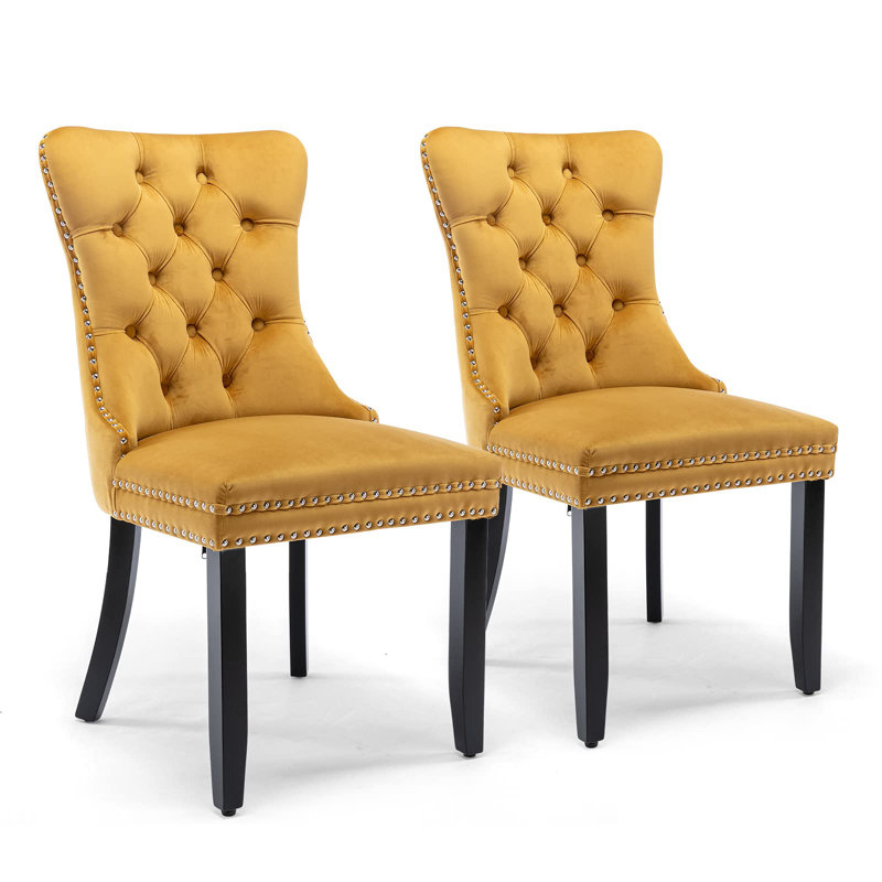 Friedrun Velvet Dining Chair Tufted Dining Room Chair with Solid Wood Leg, Gold