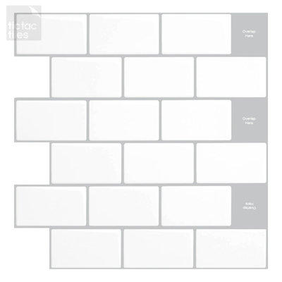 Tic Tac Tiles Mono White Subway Tile Peel and Stick Backsplash, 12" x 12" (5 Sheets)