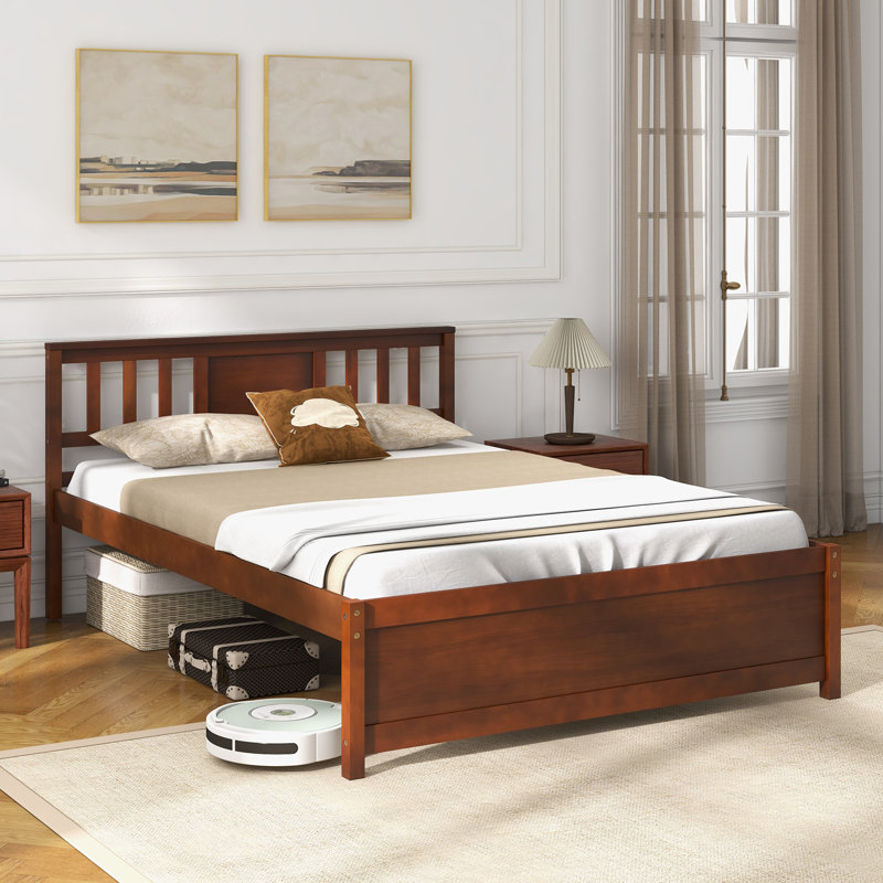 Full Size Mid-Century Pine Solid Wood Platform Bed Frame with Headboard Slat Support, Walnut, Full