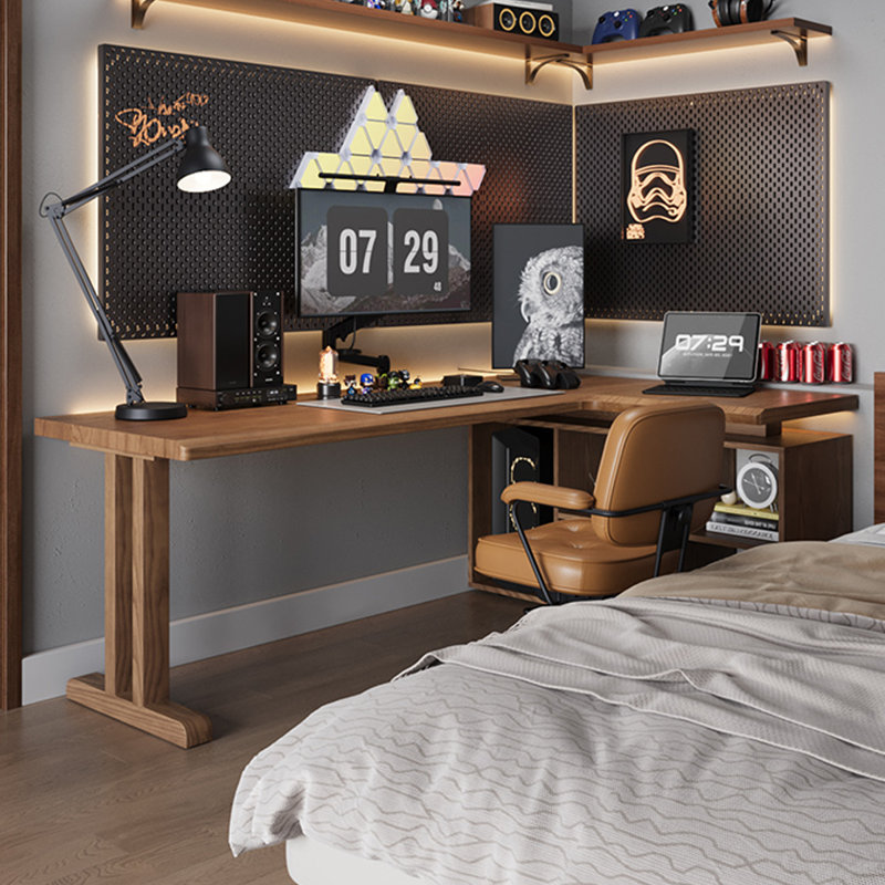 Bureau en bois massif en L noyer clair, H 29,53 po x l 70,87 po x P 41,34 po, Retour à droite