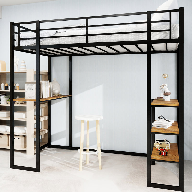 Lit en fer noir avec des escaliers des deux côtés pour la chambre à coucher simple, avec installation d'économie d'espace et de stabilité.