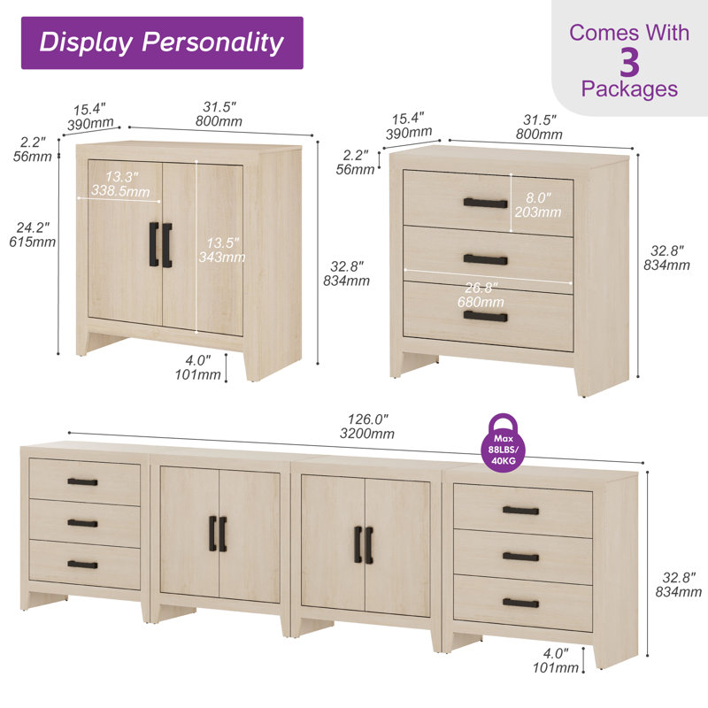 Eaton 4-Piece Modular Sideboard With Drawers & Doors, Farmhouse Storage Cabinet For Living Room, Dining Room, Or Hallway, Beige