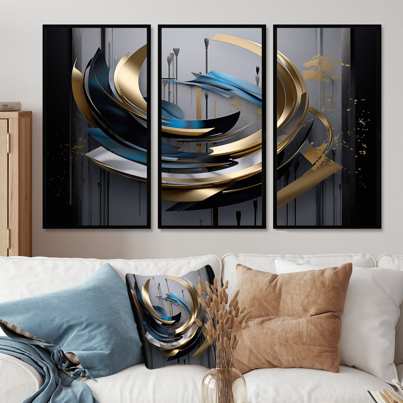 Ensemble de salon Swirling Dynamics Futur Esthétique - Spirales abstraites, Cadre flottant noir, H 32 po x l 48 po x P 1 po