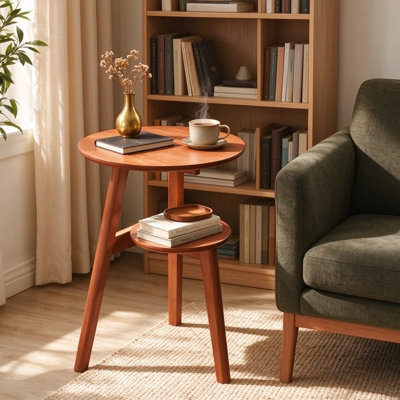 Table d'appoint ronde à deux niveaux en bois d'hévéa massif, table de chevet autoportante avec tablette de rangement inférieure, marron, idéale pour le salon ou la chambre.