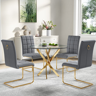 36" Round Glass Dining Table Set For 4,Modern Tempered Glass Tabletop With 4 PU Chairs For Kitchen Dining Room