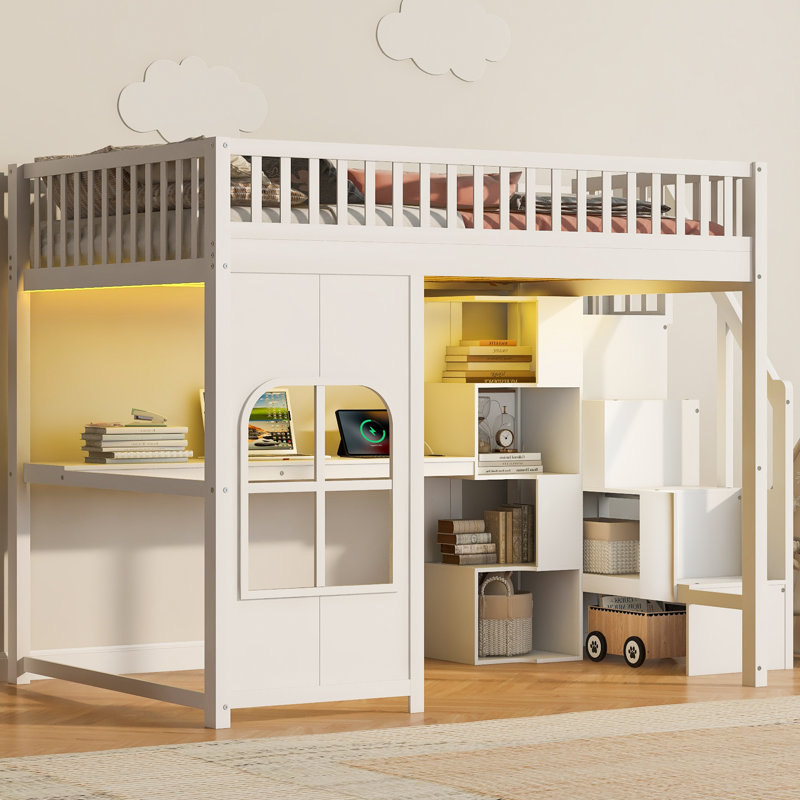 Lit mezzanine avec DEL, USB et fenêtre, Lit double, Blanc