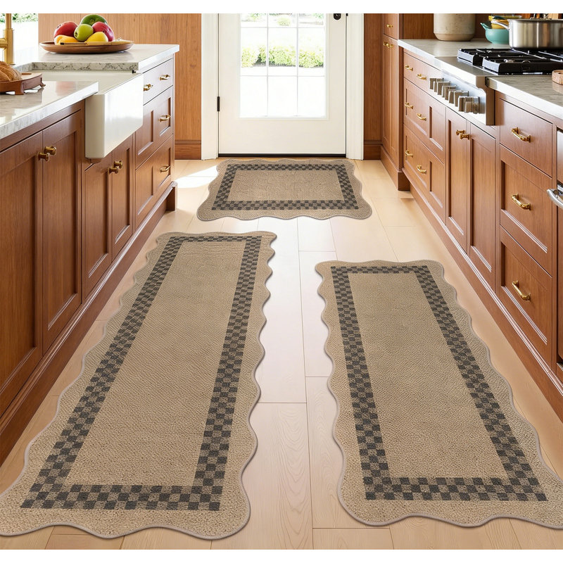 Slip Scalloped Kitchen Rugs Set 3 PCS，For Sink Hallway Entryway Laundry Decor