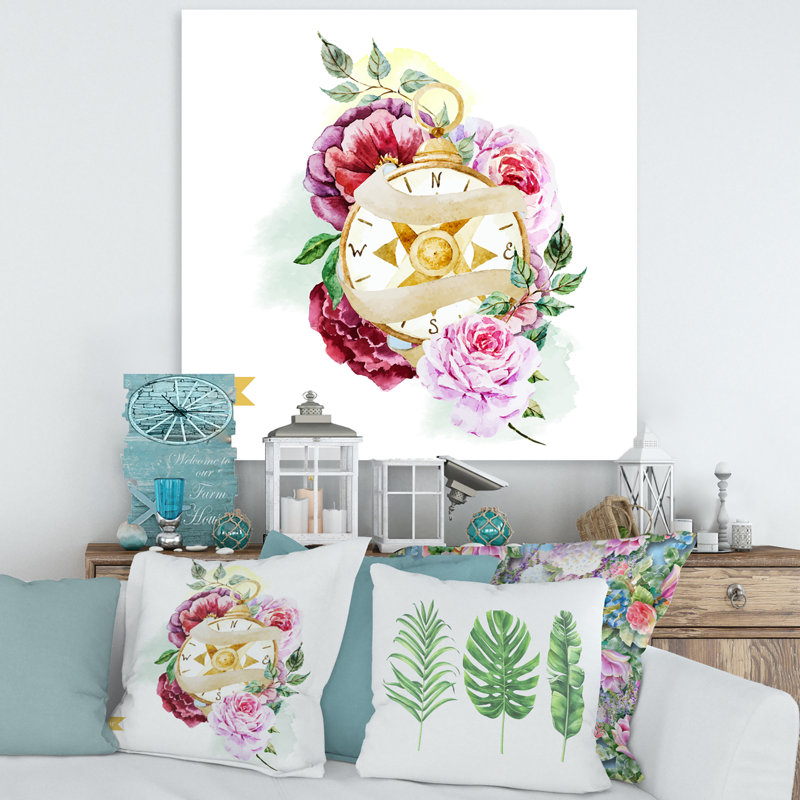 Boussole de fleurs - peinture sur toile, H 16 po x l 16 po x P 1 po, Toile tendue