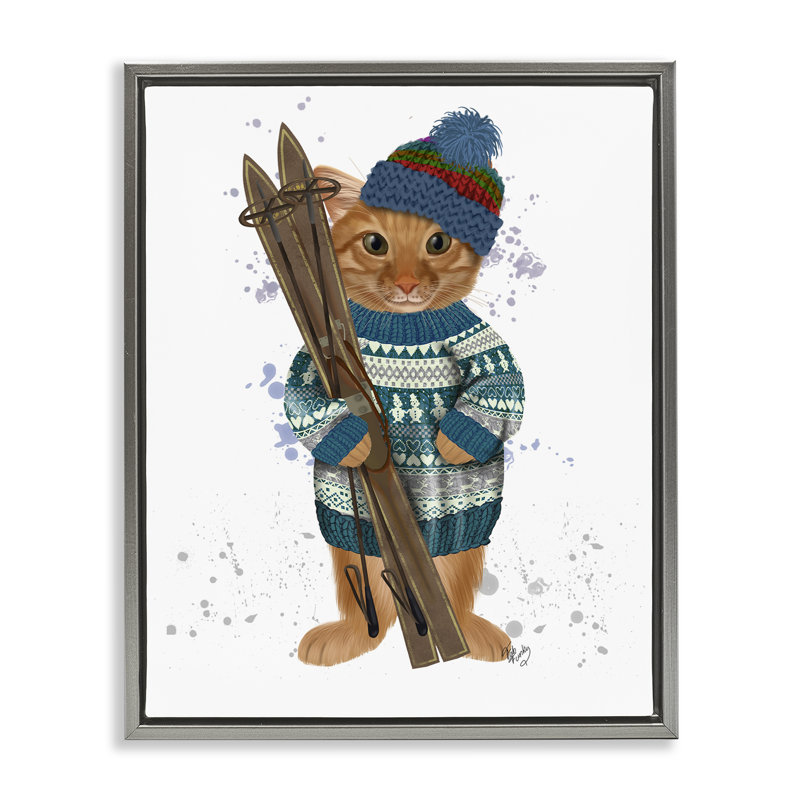 Chat avec des skis d'hiver, art mural par Fab Funky, H 21 po x l 17 po, Cadre flottant gris lustré