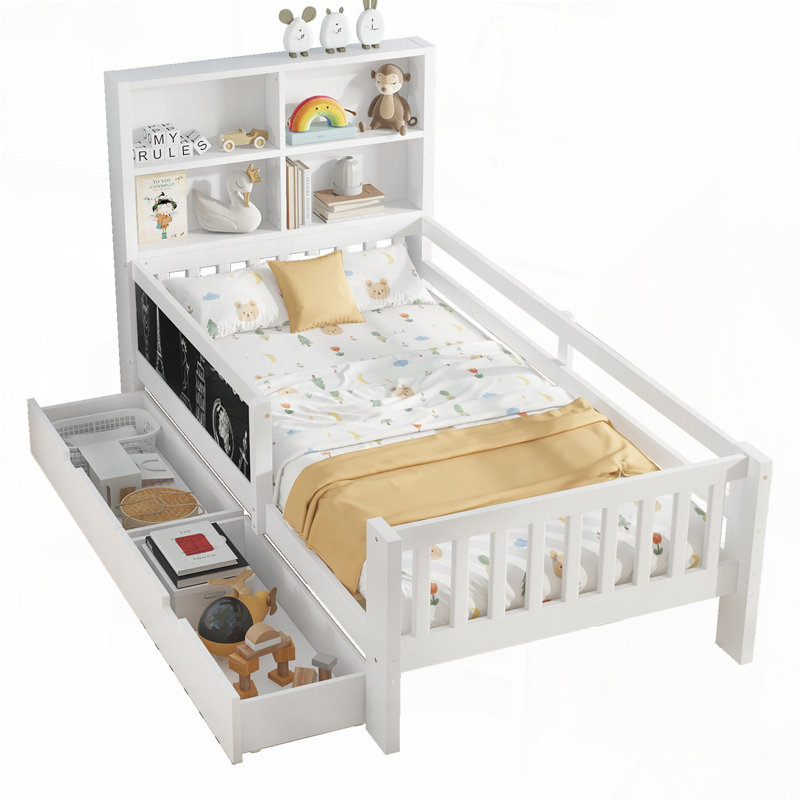 Lit avec rangement et tiroirs en bois, Simple, Blanc
