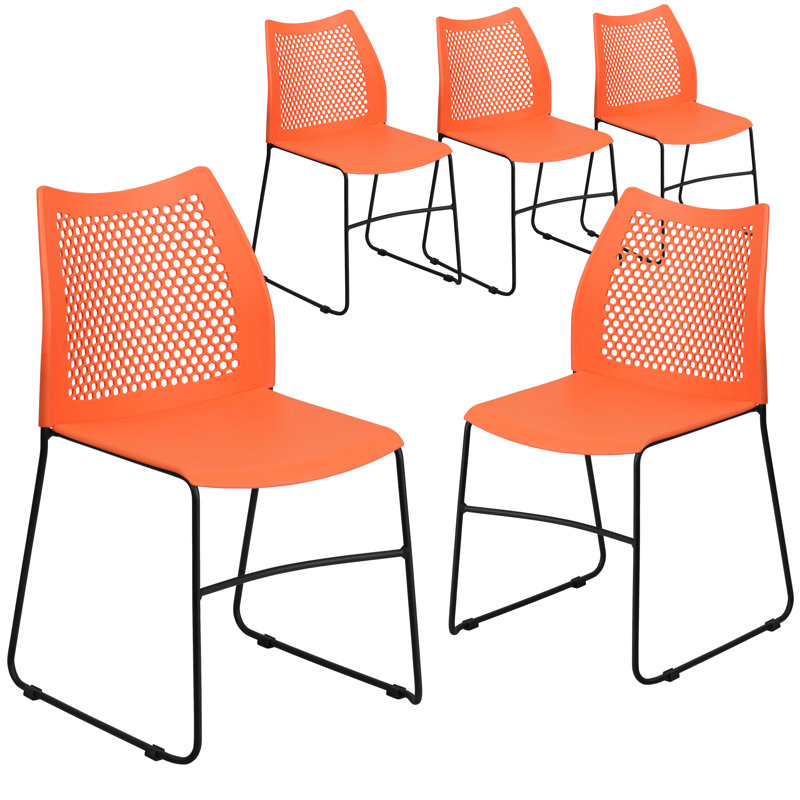 Chaises de vestibule empilables en plastique avec dossier en nid d'abeille Oliverson, Noir, Orange, 5