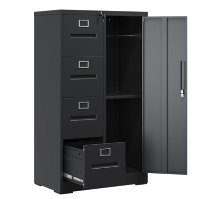 Black Metal Storage Cabinet, 4 Drawers, Interlocking System, High - Quality Material, Easy To Clean For Steel Cabinet With 1 Door, And Side Wardrobe, Clean, Ideal Bedroom