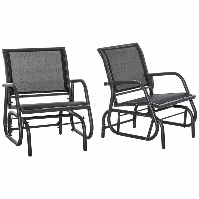 Patio Set Of 2 Porch Glider, Metal Frame Swing Glider Chairs Breathable Mesh Fabric Curved Armrests For Garden Black