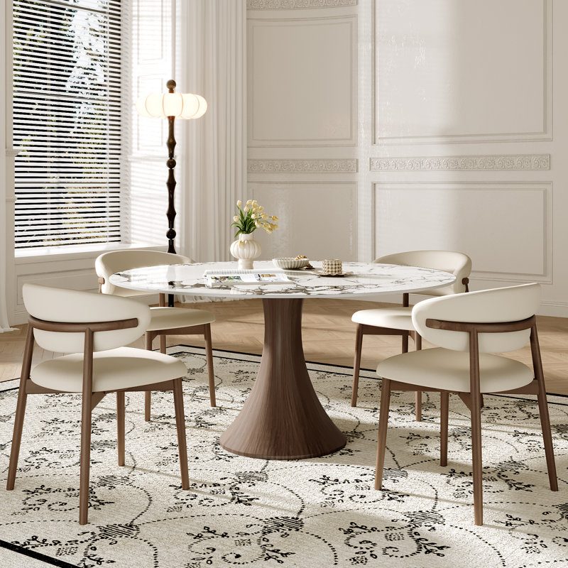 Stone Round Dining Table Set With 4/6 Premium Solid Wood Leather Upholstered Dining Chairs For Kitchen/Dining Room, Snow