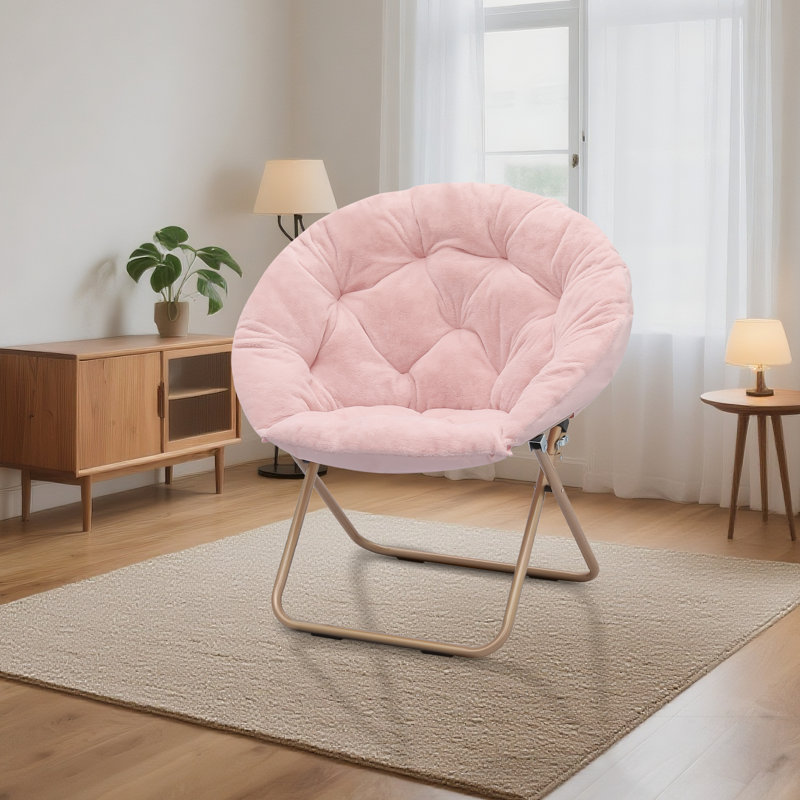 Chaise d'appoint pliante ronde et pliable pour chaise de salle à manger Papasan, Fausse fourrure rose, Bronze, Non
