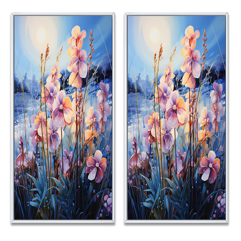 «Coral Blue Orchids Field Pointillism Dot», 2 pièces, H 24 po x l 20 po, Cadre blanc
