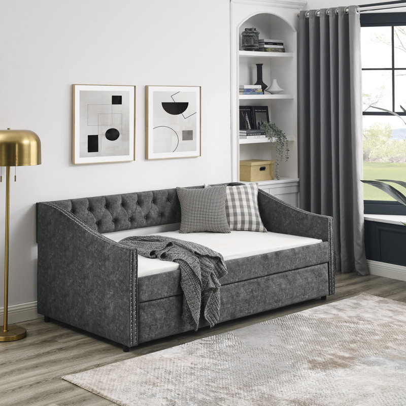 Daybed With Trundle Upholstered Tufted Sofa Bed, With Button On Back And Copper Nail On Waved Shape Arms, Twin, Grey