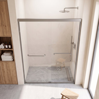 Porte de douche coulissante double 142-152 cm (L) x 183 cm (H), cadre en aluminium gris anthracite, verre trempé certifié SCGG de 8 mm avec poignée en acier inoxydable