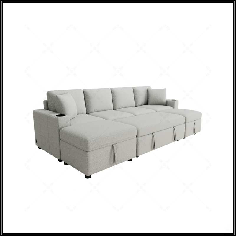 Canapé modulaire convertible avec lit escamotable, repose-pieds de rangement mobile et ports de chargement USB pour une vie moderne