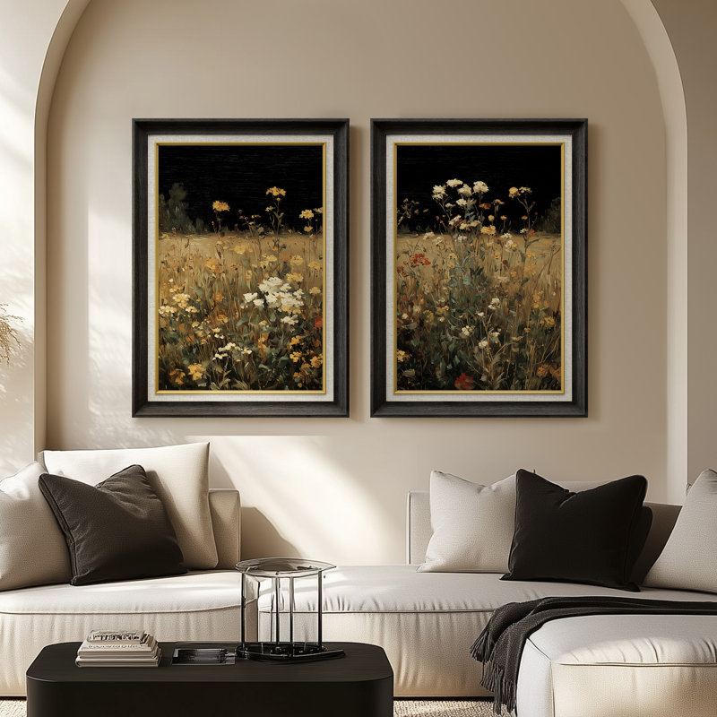 Meadow Florals Dark Rustic - Set of 2 Premium Framed Wall Art Print on Paper 26"x36", Black