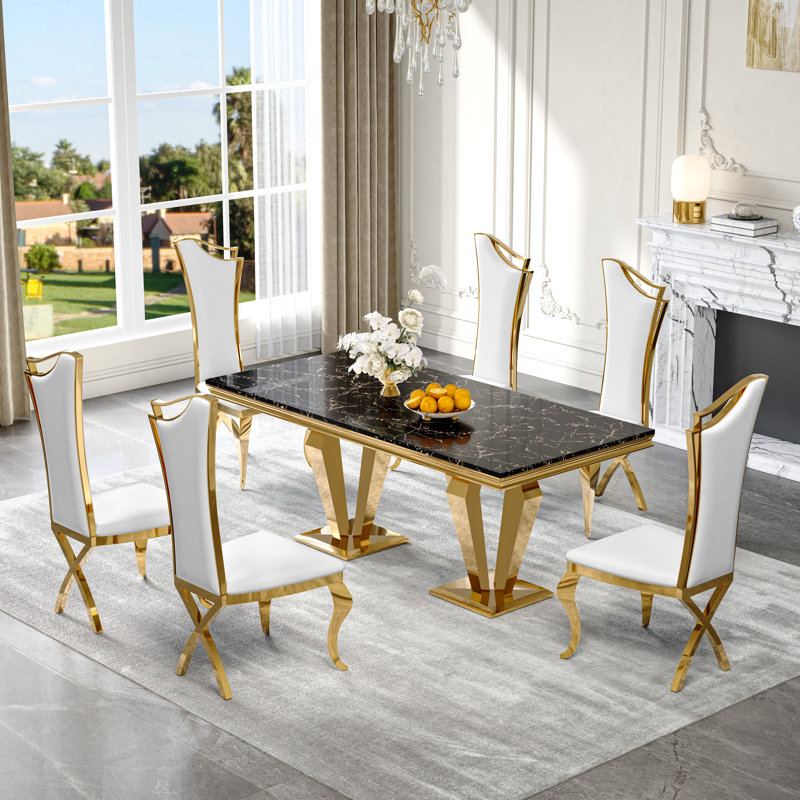 7-Piece Dining Set with Marble-Print Tabletop and Upholstered Chairs – Velvet & PU Options, Stainless Steel Legs