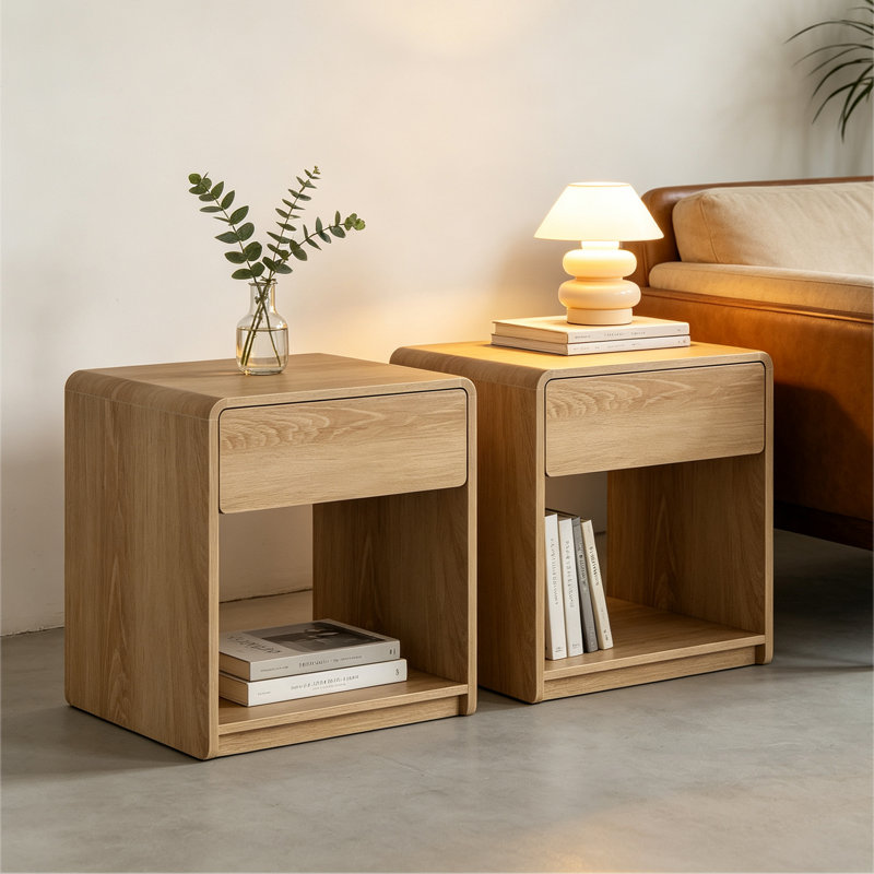 Ensemble de tables de chevet de style Mid-Century moderne, 2 pièces, avec tiroirs de rangement et tablettes ouvertes, table d'appoint de chambre à coucher avec coins arrondis, ensemble de tables de chevet compactes, couleur chêne
