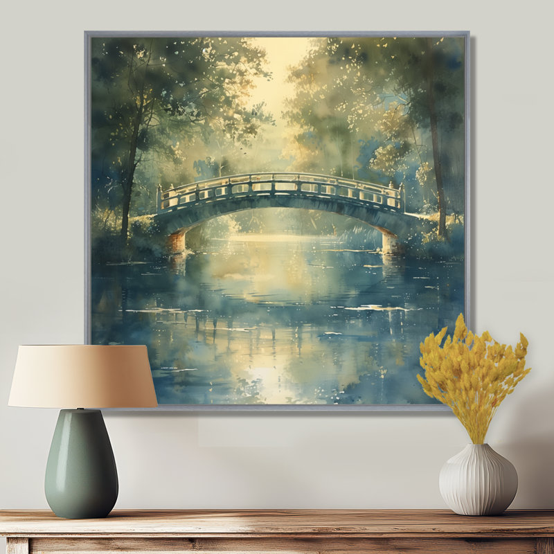 «Green Beige River Crossing Park Bridge I», art mural, Toile argentée avec cadre flottant, H 36 po x l 36 po x P 1,5 po