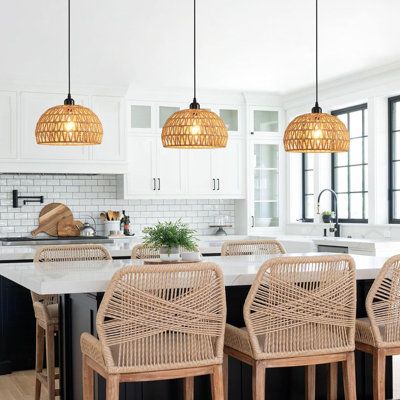  Rattan Pendant Light Fixture – Boho Rustic Farmhouse Woven Hanging Lamp For Kitchen Island, Dining Room, Bedroom, Hallway, Foyer, Nursery, With E26 Base