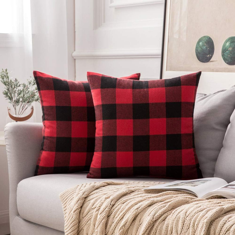  Set of 2 Throw Pillow Covers With Inserts– 18"x18" Decorative Throw Pillow Full Set, Wine Red/Black, Polyester