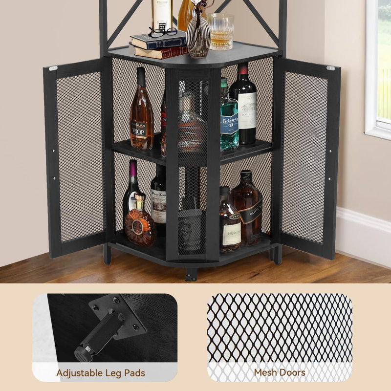 Industrial Corner Bar Cabinet with Power Outlet & LED Lights - 5-Tier Modern Black Wine Rack,  for Dining Room, Living Room, Kitchen, Black