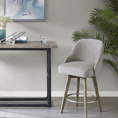 Tabouret de bar pivotant de 30 po de hauteur, pieds en bois massif, coussin rembourré de mousse, repose-pieds en métal, assemblage requis, finition grise, hauteur de l'anneau en bronze, requis
