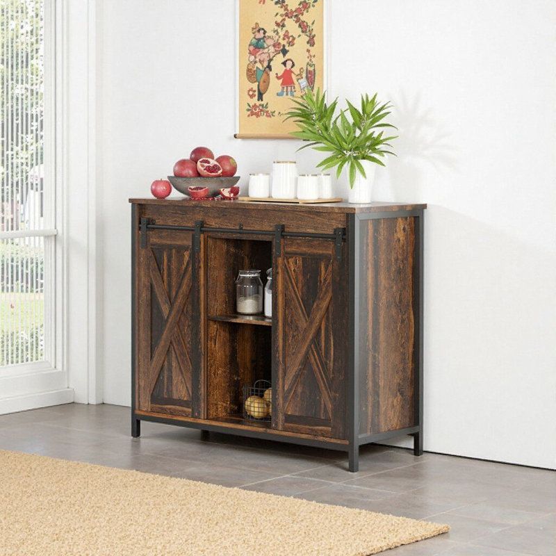 Buffet industriel avec portes de grange coulissantes, bar à café rustique brun de 35,5 po et buffet de rangement pour le salon
