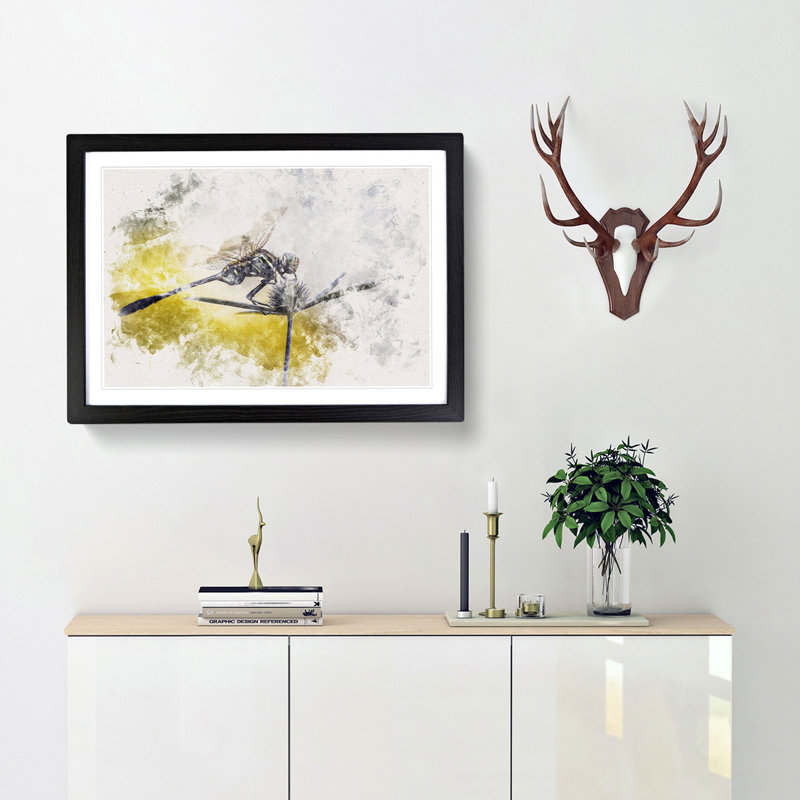 Dragonfly Upon A Thistle - Single Picture Frame Painting on MDF, 45cm H x 63cm W x 2cm D, Black Framed