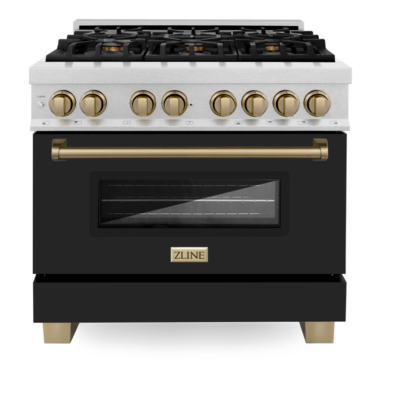 ZLINE Autograph 36 po. Cuisinière à double carburant en acier satiné avec détails noirs et bronze