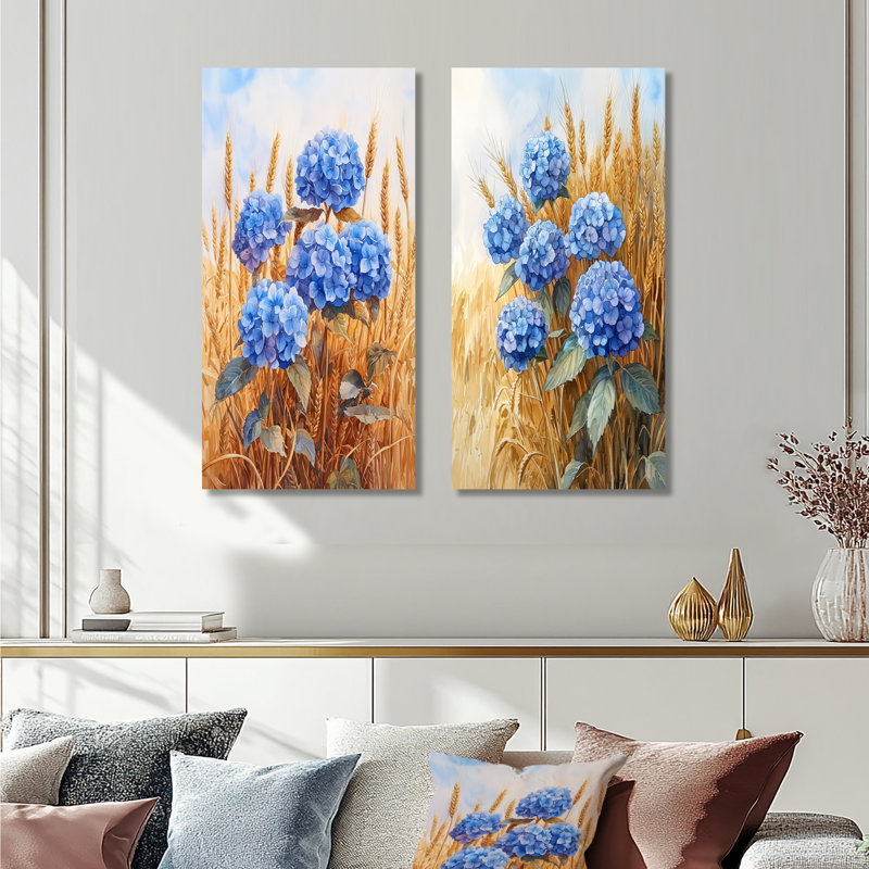 «Hortensias de campagne dans le champ de blé III», impression d'art mural en métal bleu 2 pièces, 40" H x 40" W