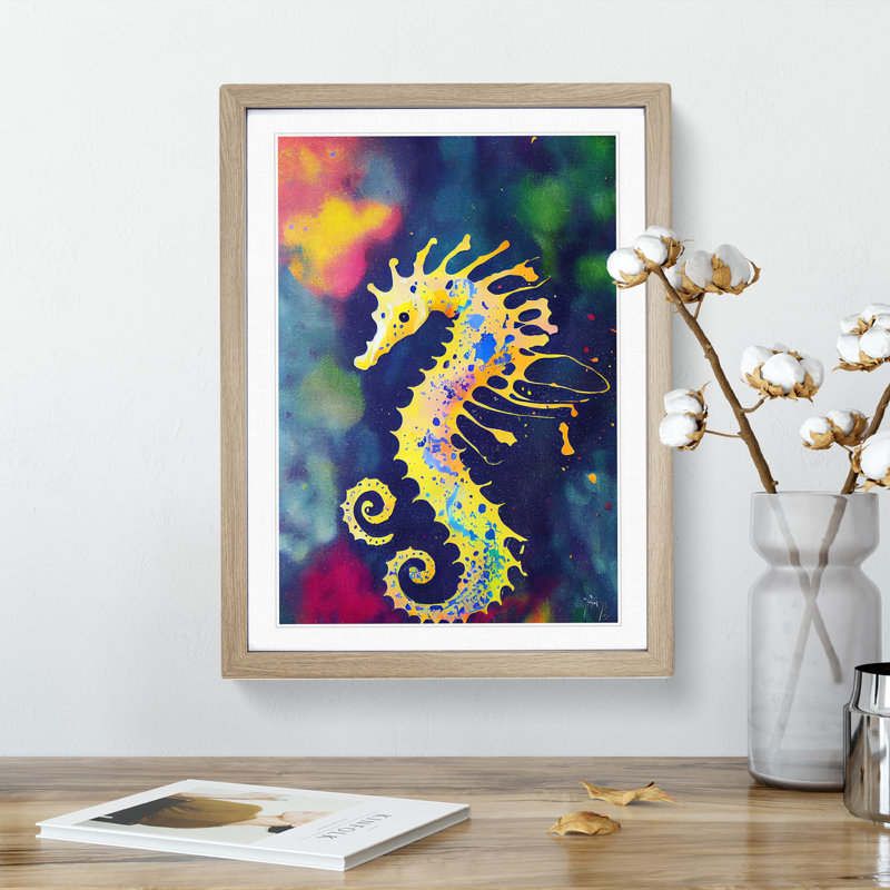 Seahorse Paint Splash No.2 - Single Picture Frame Painting, 34cm H x 25cm W x 2cm D, Oak Framed