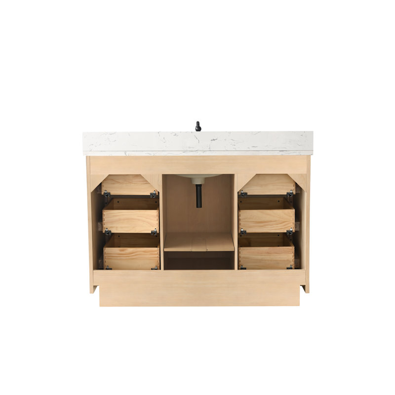 Meuble-lavabo simple autoportant 48 po avec plateau en pierre d'ingénierie Charlyann, Teck blanc rustique