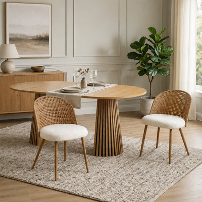 Solid wood stretching dining table + 2-piece wicker dining chairs in Bohemian medieval style with soft white sponge cushions