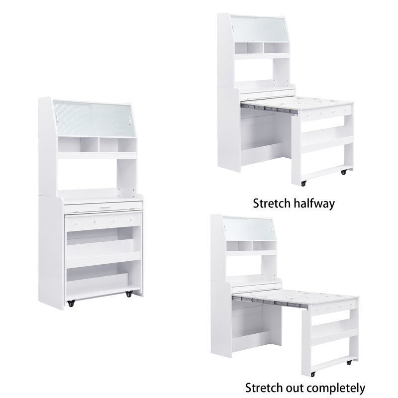 A Foldable Dining Table With A Top Cabinet And A Multi-Functional Sideboard, White