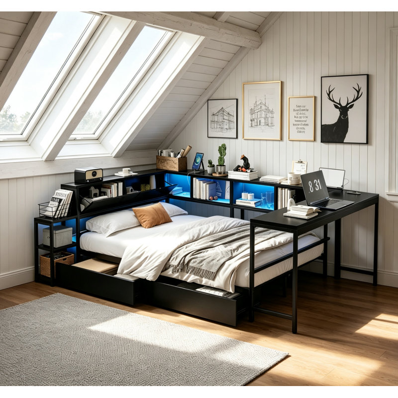 Cadre de lit d'angle avec bibliothèque, 2 tiroirs de rangement sous le lit et casiers de rangement ouverts, lit de jour moderne en métal avec lumière DEL et station de charge pour les petits espaces