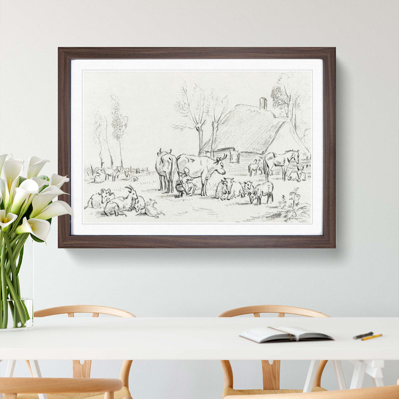 Farm Animals by Jean Bernard - Picture Frame Drawing Print, Walnut Framed, 27cm H x 36cm W x 2cm D