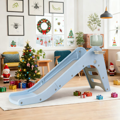 Toddler Slide, Baby Indoor Foldable Slide with Basketball Hoop & Ball, 63" Extra Long Slope, Non-Slip Steps, Sturdy Plastic Outdoor Climber Playset for Boys and Girls