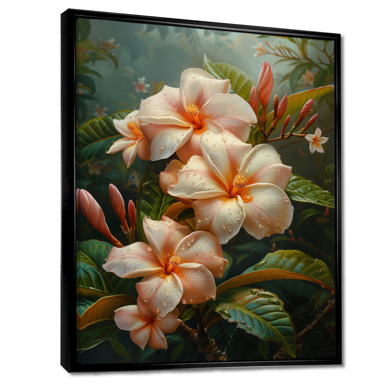 Rose et blanc, fleurs tropicales de Plumeria I - salon d'art mural Plumeria, Toile avec cadre flottant noir
